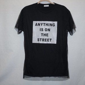 BROWNY Japanese Streetwear Tulle overlay Black tunic Tshirt F M L NEW B-35